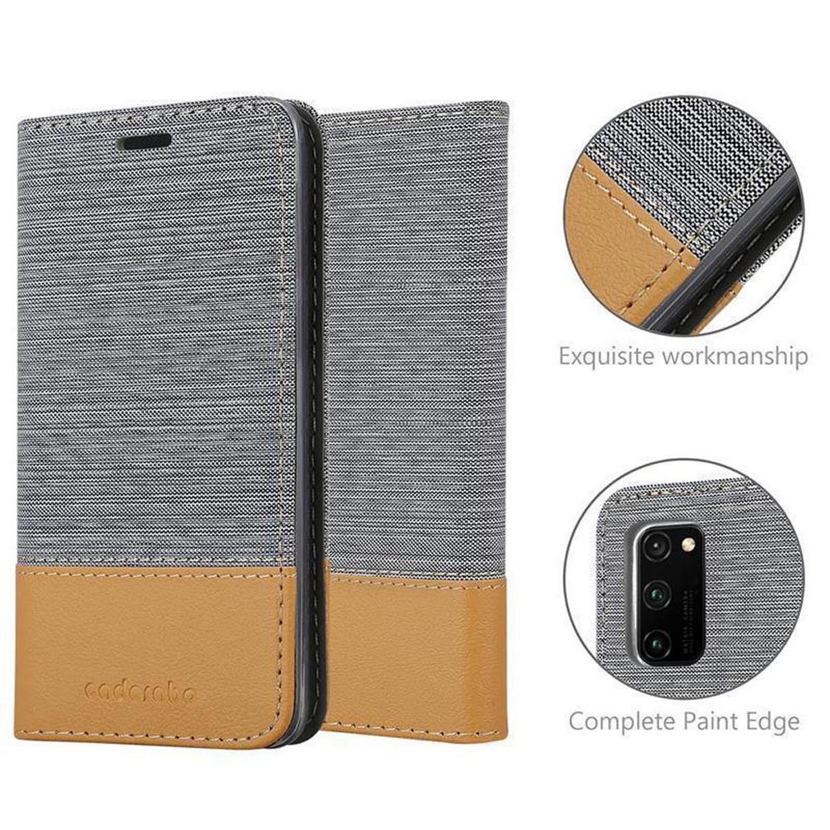 Eine grau-braune Handyhülle mit einem Telefon darin. Es hat Designdetails und Text.
