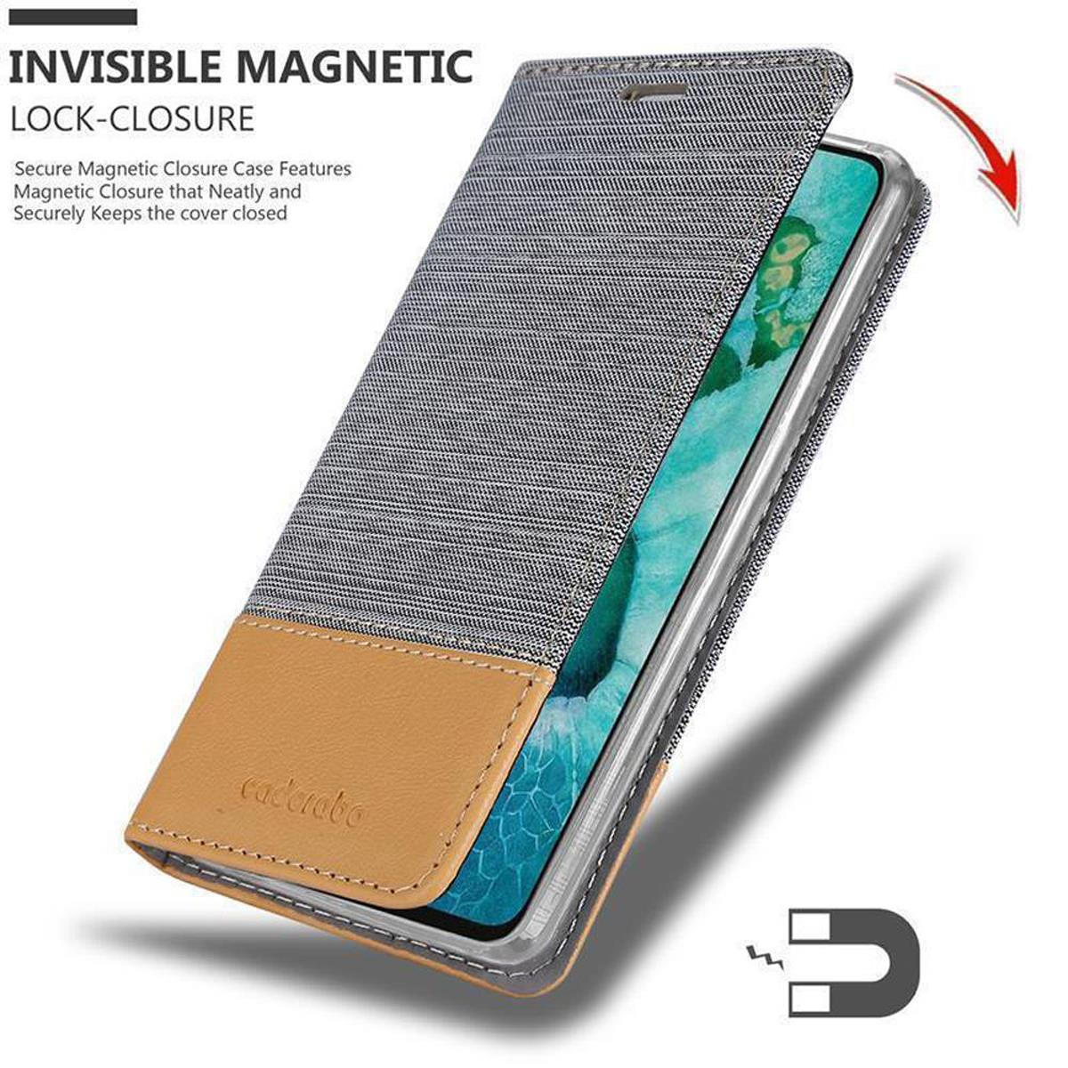 Graue und braune Handyhülle mit einem Telefon darin.
