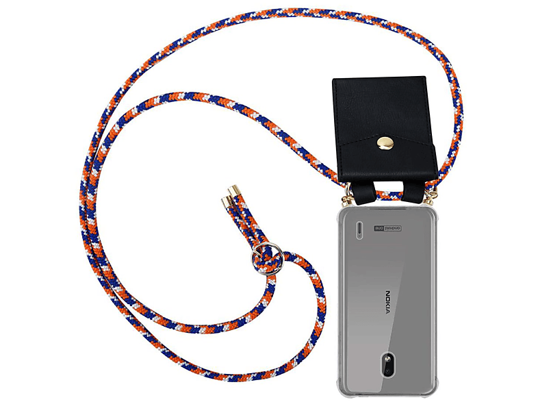 CADORABO Handy Kette mit Gold abnehmbarer Kordel Nokia, ORANGE Band WEIß 2.2, Backcover, BLAU Ringen, Hülle, und