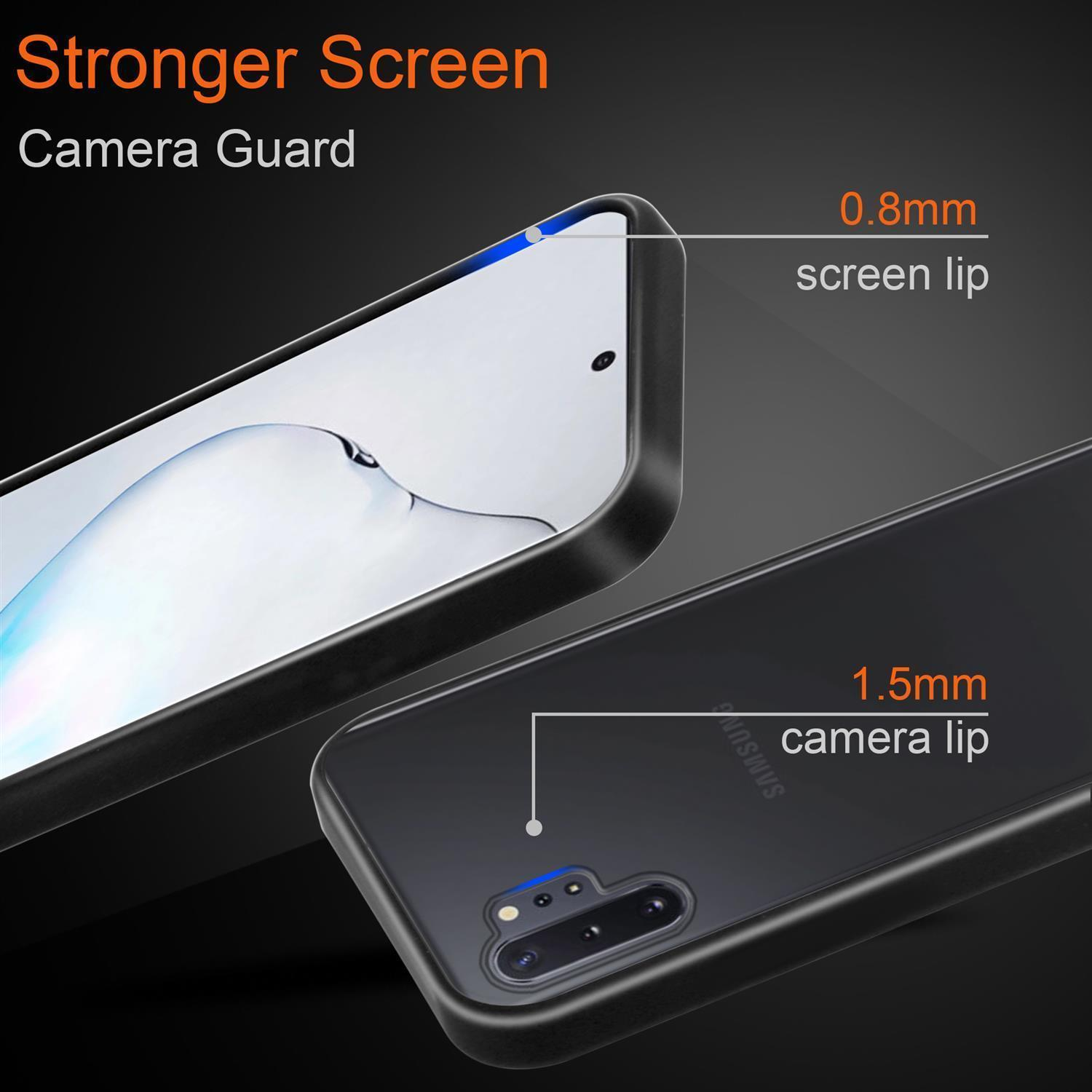 Un primo piano di un telefono, con testo su schermo più resistente e protezione fotocamera, e misure.