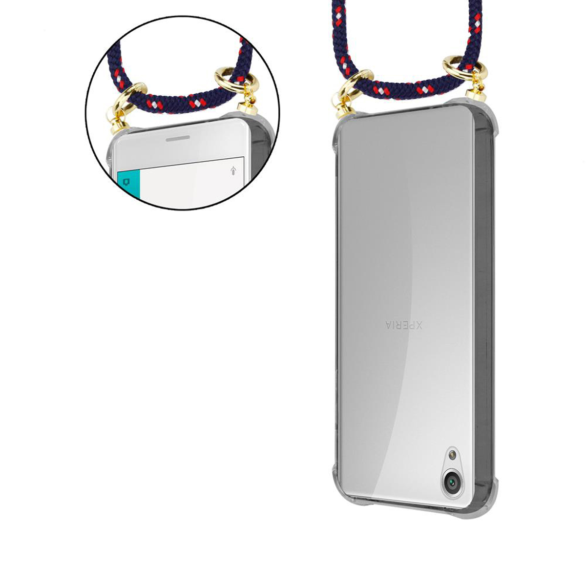 Zwei transparente Handyhüllen mit Lanyards. Das Telefon rechts zeigt die Rückseite des Telefons.