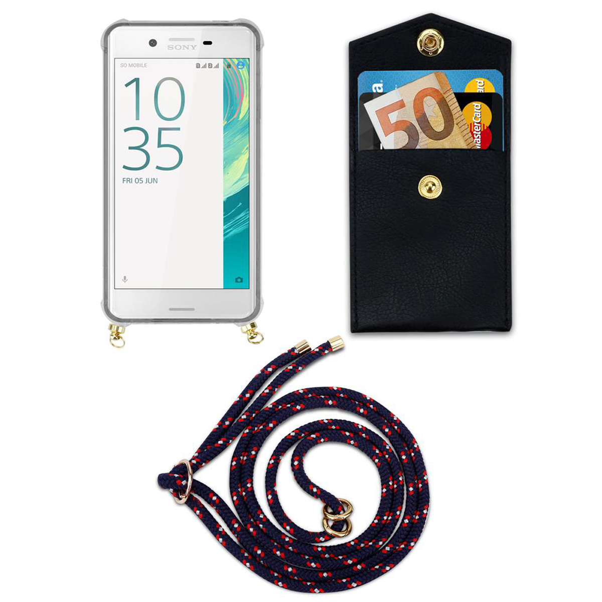 Telefon mit Hülle und Lanyard, mit Karten in einer schwarzen Geldbörse. Weißer Hintergrund. Uhrzeit ist 10:35.