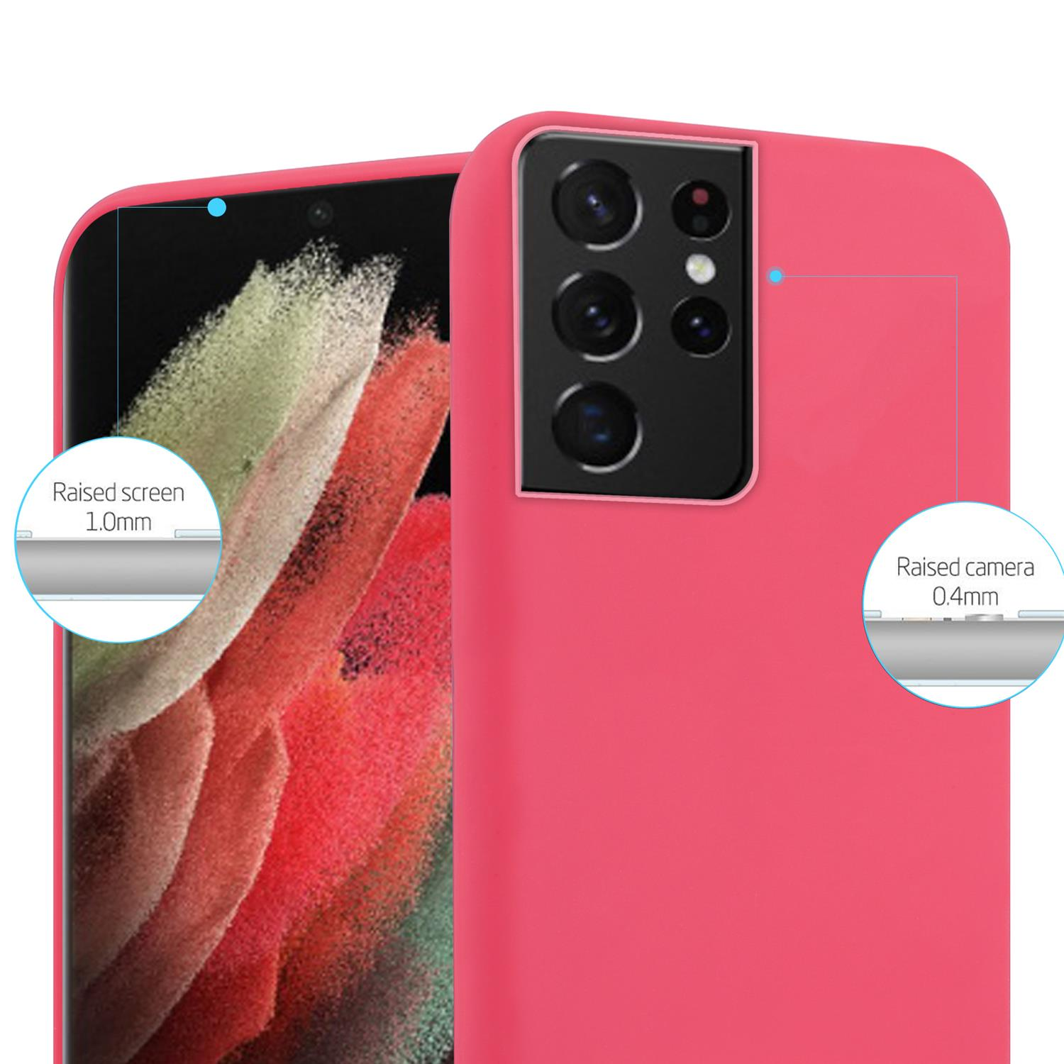 Nahaufnahme einer rosa Handyhülle, mit Etiketten, die einen erhöhten Bildschirm und eine Kamera kennzeichnen.