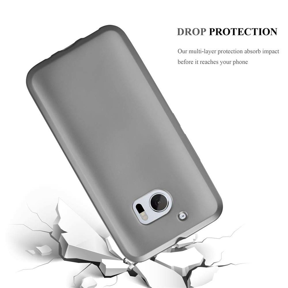 Graue Handyhülle fällt in zerbrochenen Boden, mit Text 'DROP PROTECTION'.