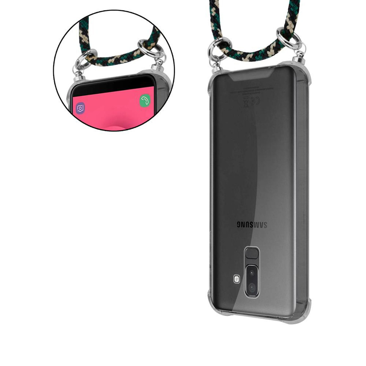 Telefon in einer transparenten Hülle mit einem Seil. Nahaufnahme des Telefons. Weißer Hintergrund.