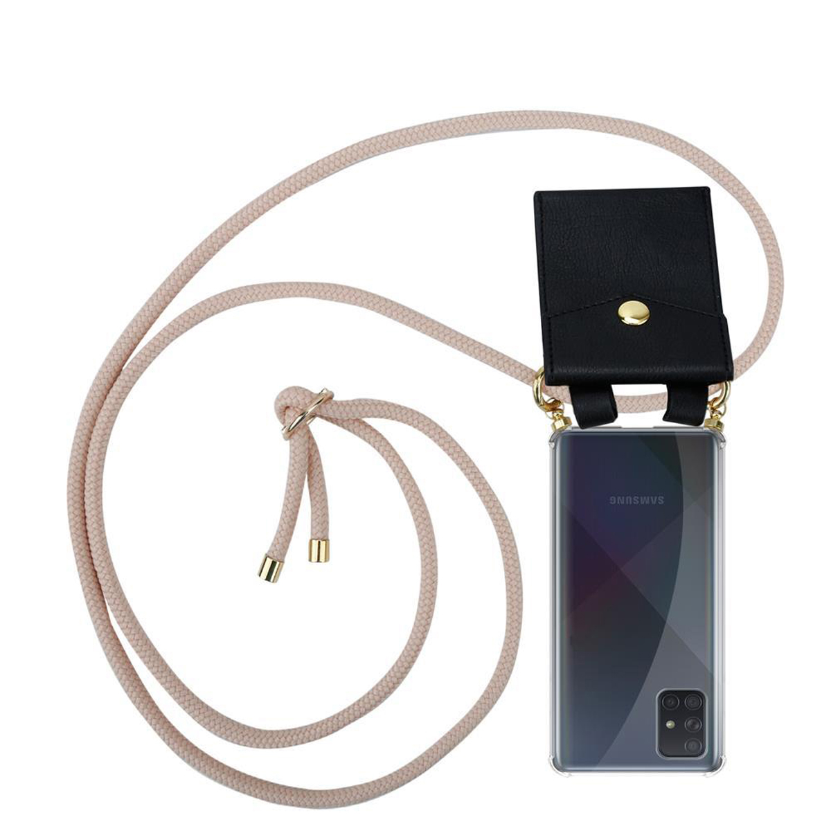 Telefono con custodia e cinturino. Il cinturino è rosa chiaro. Custodia nera con bottone dorato.