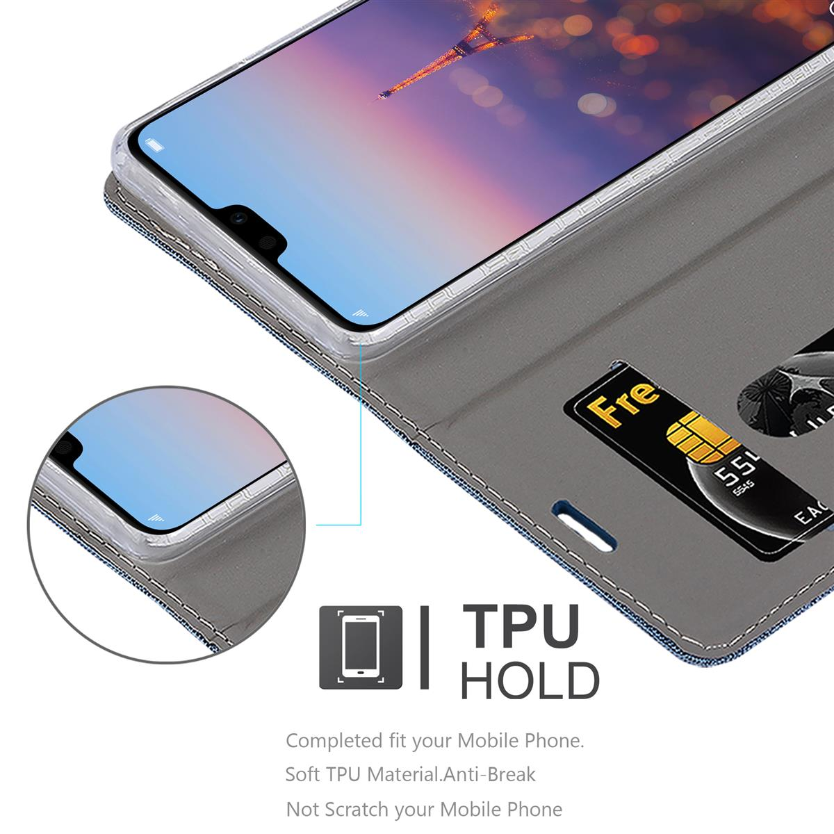 Telefono in custodia con carta. Testo: TPU HOLD, Adattamento perfetto per il tuo cellulare.