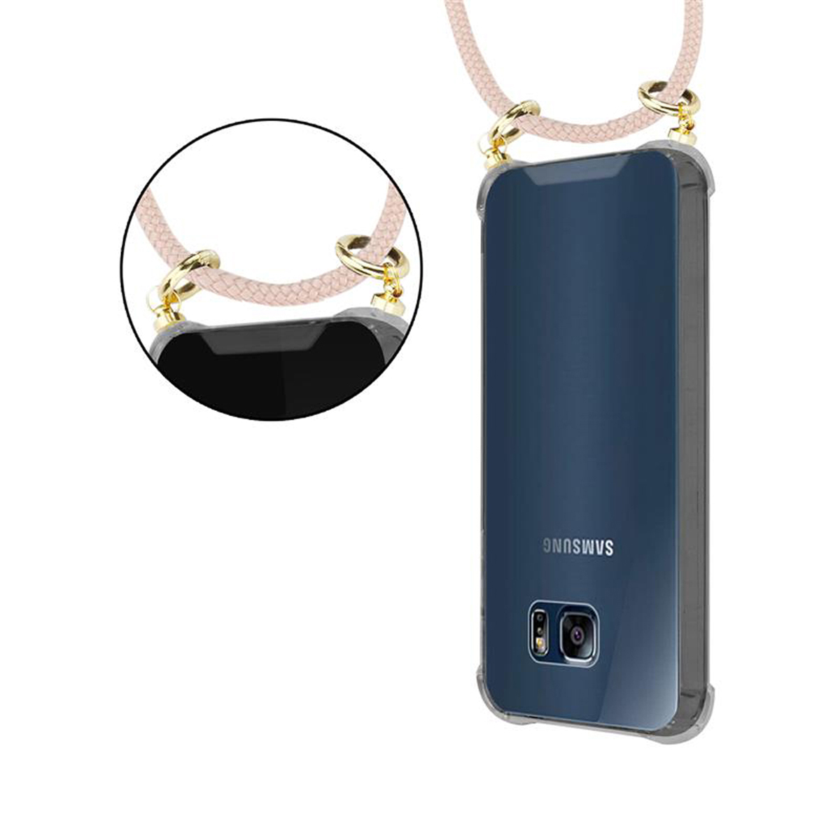 CADORABO Handy Kette mit Gold Samsung, S6 EDGE, und Hülle, Band Ringen, PERLIG Backcover, ROSÉGOLD abnehmbarer Galaxy Kordel