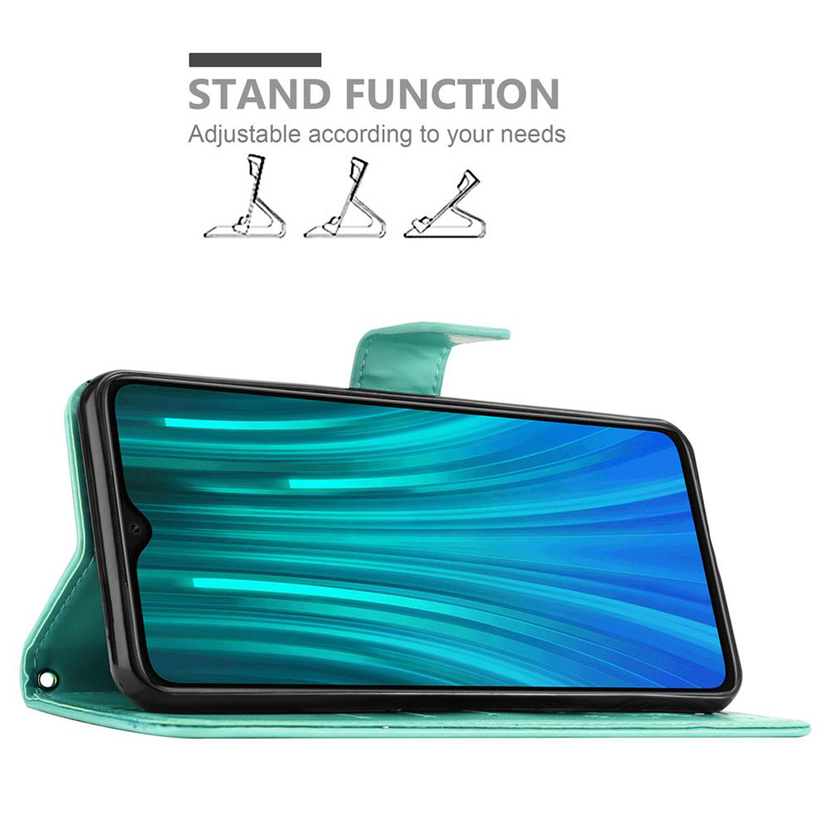 Telefono in una custodia con funzione stand. Il telefono mostra un'immagine. La custodia è aperta ed è verde.