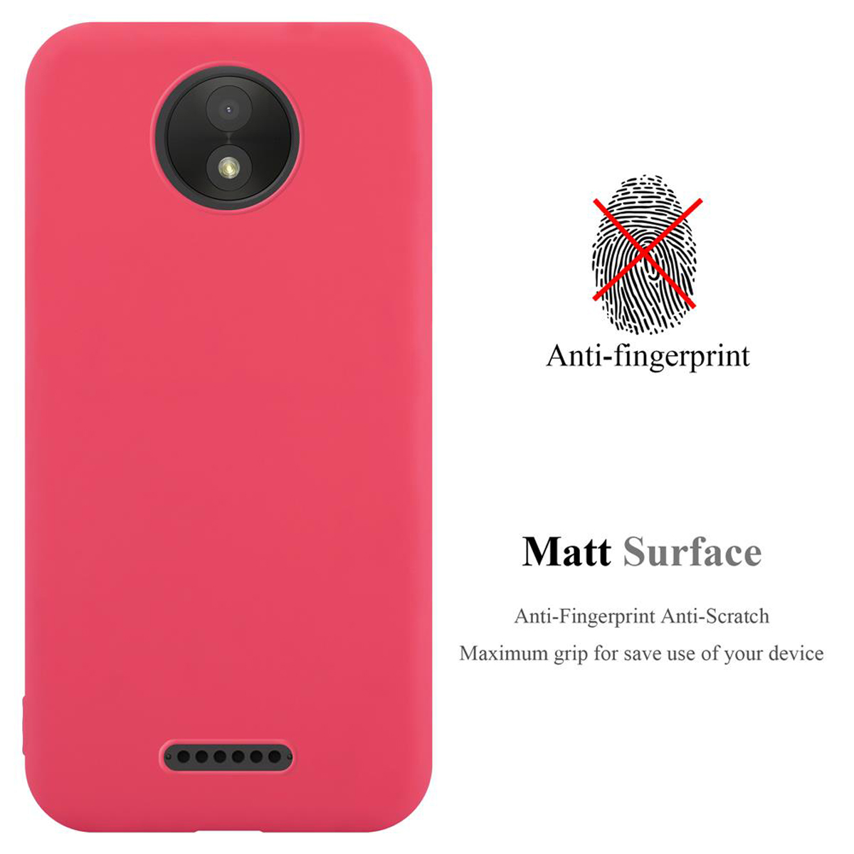 Rosa Handyhülle mit Kamera, Text 'Anti-fingerprint'.