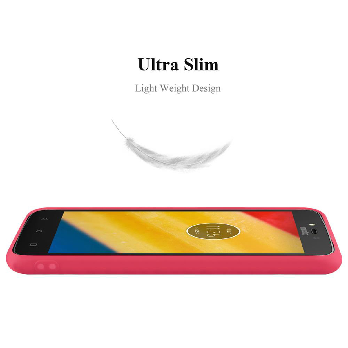 Eine rote Handyhülle auf weißem Hintergrund. Es hat ein Telefon darin und die Worte 'Ultra Slim' stehen darüber.