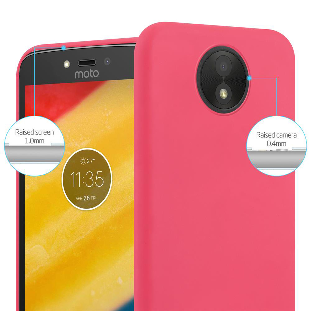 Eine rosa Handyhülle auf einem Telefon, das die Uhrzeit anzeigt. Text: Erhöhter Bildschirm und Kamera.