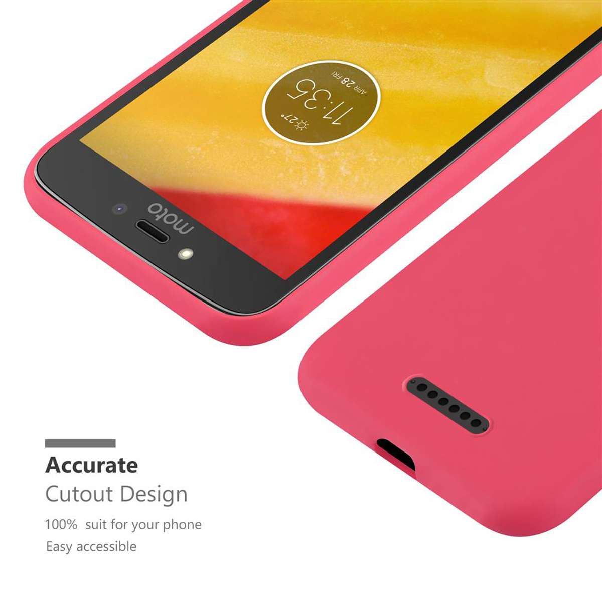 Ein Telefon in einer pinken Hülle. Der Bildschirm zeigt Zeit und Datum. Das Design des Telefons ist sichtbar.