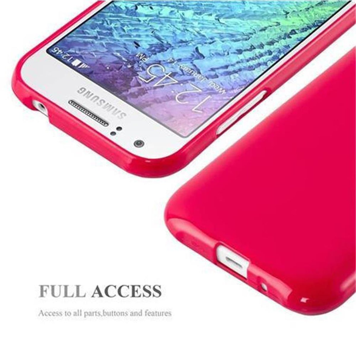 Zwei pinke Handyhüllen, eine mit dem Telefon darin. Das Telefon ist weiß mit roter Hülle.