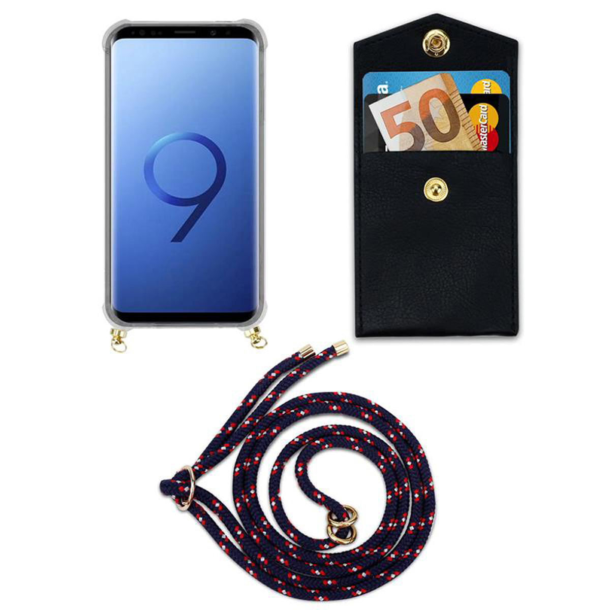 Custodia nera per telefono, cordino con carte e telefono. Cordino blu navy, rosso e bianco.