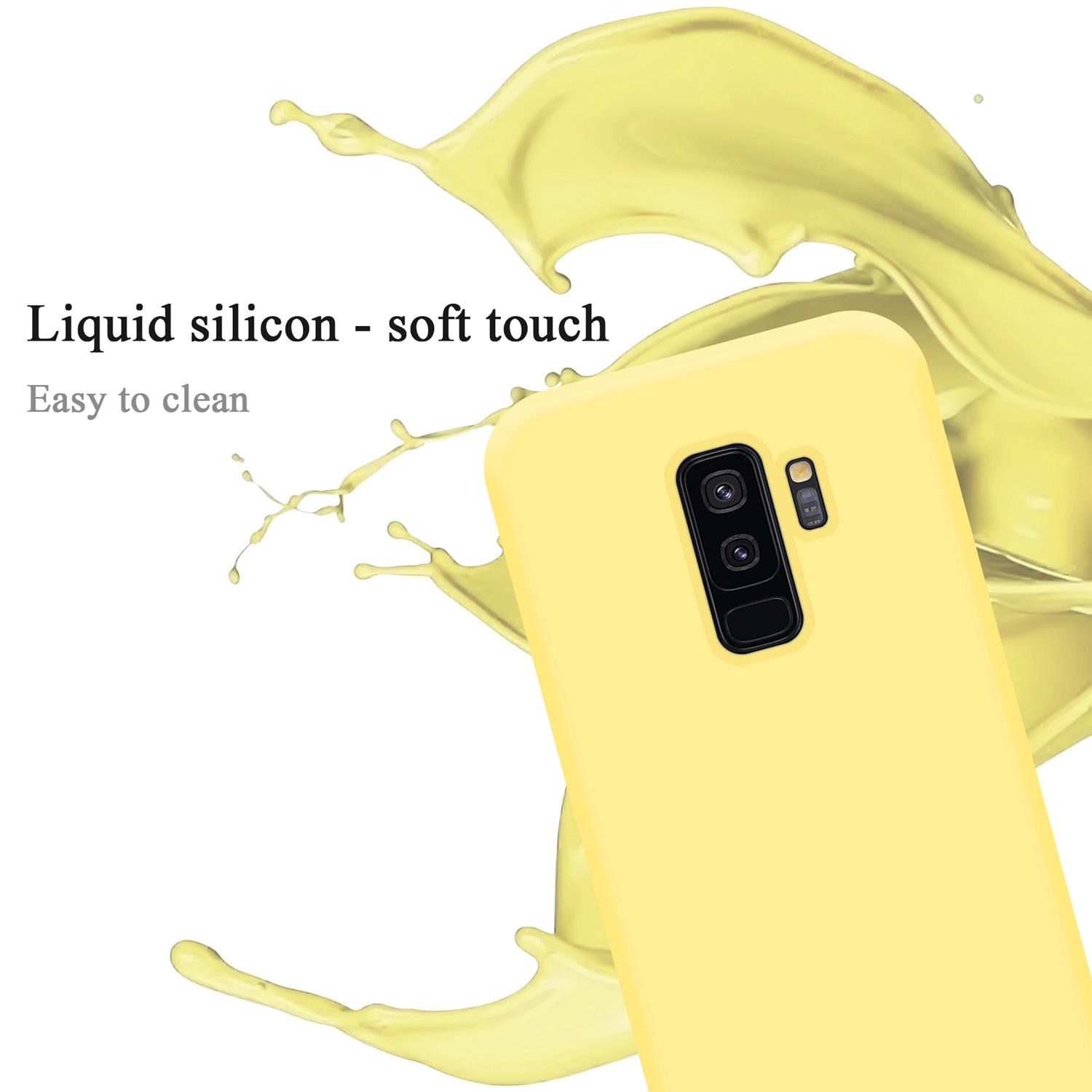 Custodia gialla per telefono con schizzo di liquido. Il telefono ha doppie fotocamere. Sfondo bianco. Testo: Silicone liquido.