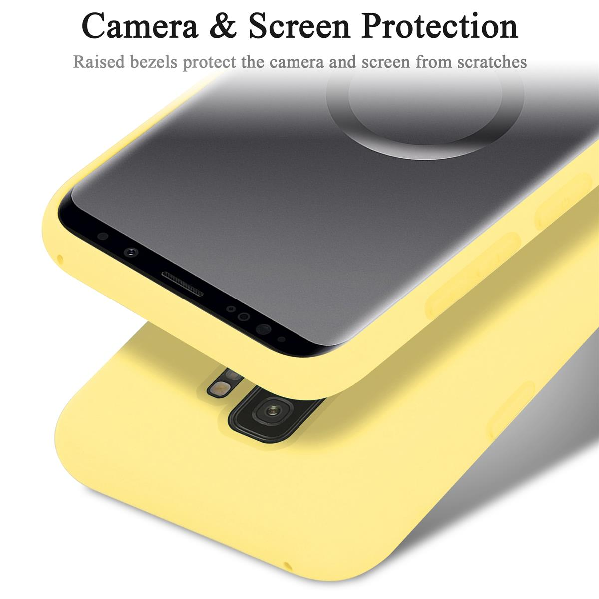 Custodia per telefono gialla con telefono all'interno, protezione della fotocamera e dello schermo.
