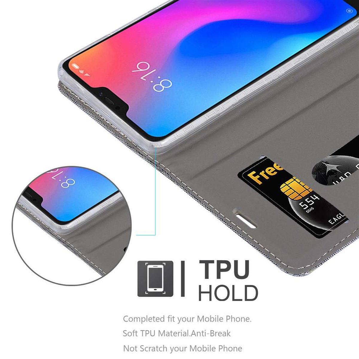 Ein Telefon in einer Hülle mit einer Brieftasche. Zeigt einen 50-Euro-Schein und eine Kreditkarte. Hat auch den Text TPU HOLD.