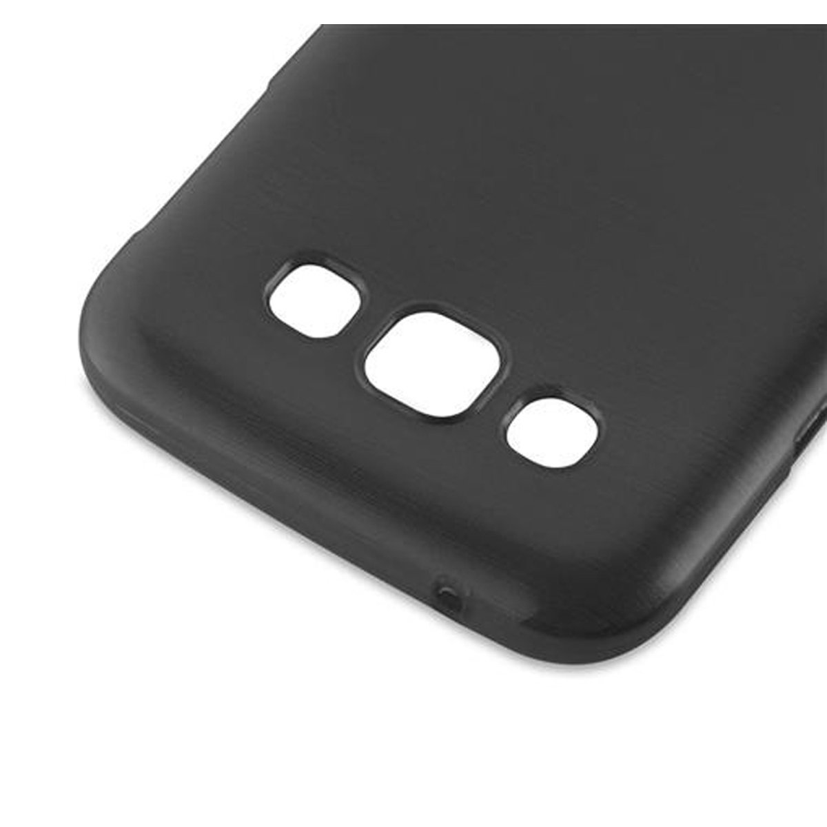Una custodia per telefono nera con tre fori su sfondo bianco.