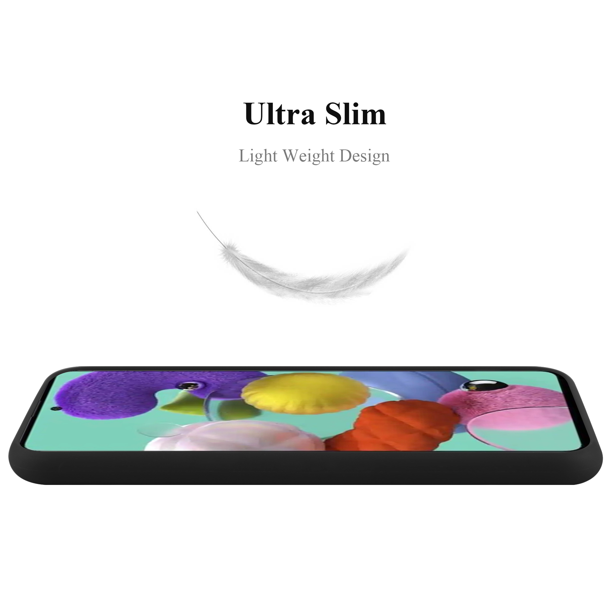Schwarzes Telefon mit Text 'Ultra Slim' und einer Federgrafik. Weißer Hintergrund.