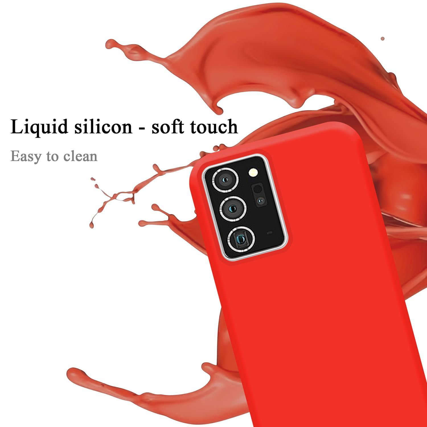 Cover per telefono rossa con testo. Lo sfondo mostra schizzi di liquido.