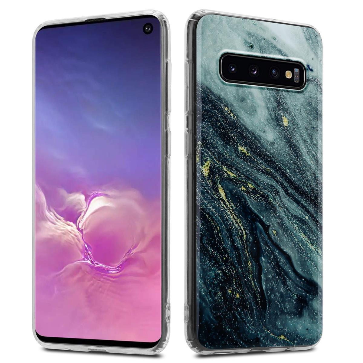 Due custodie per telefono, una davanti e una dietro. Entrambe hanno un design marmorizzato. Una ha uno schermo blu.