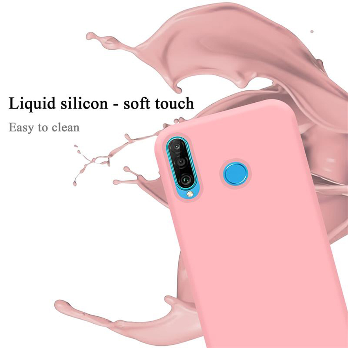 Custodia rosa per telefono con schizzi rosa sullo sfondo. Testo: Silicone liquido - tocco morbido, facile da pulire.