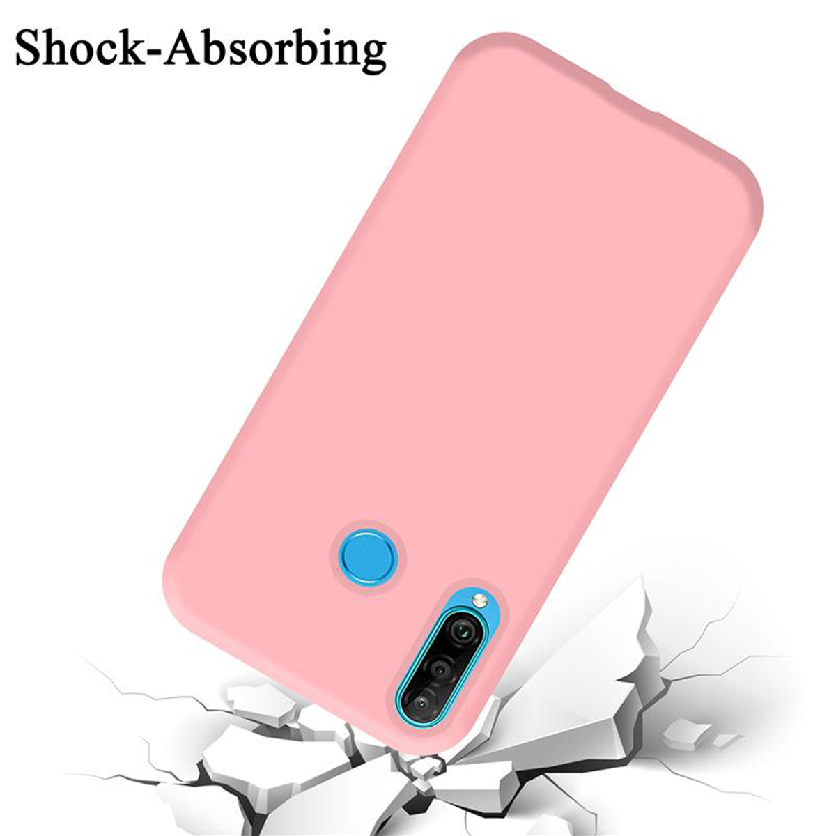 Custodia rosa per telefono su sfondo bianco, con superficie incrinata. Testo 'Shock-Absorbing'.
