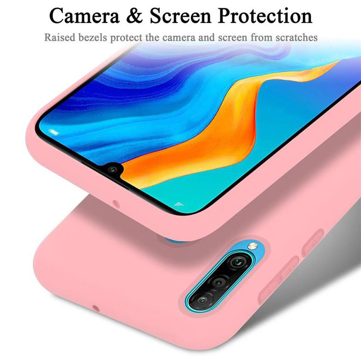 Custodia rosa con telefono. Testo: Protezione fotocamera e schermo. Bordi rialzati.