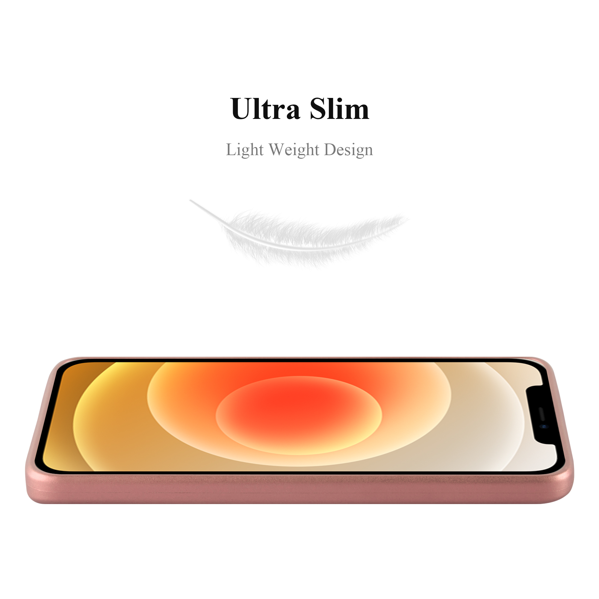 Eine roségoldene Handyhülle mit dem Text Ultra Slim und Light Weight Design darüber.