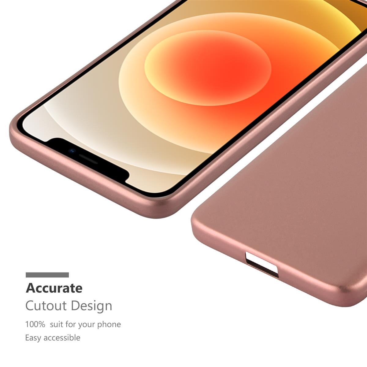 Roségoldene Handyhülle mit einem Telefon, das eine Nahaufnahme des Telefons mit weißem Hintergrund zeigt.