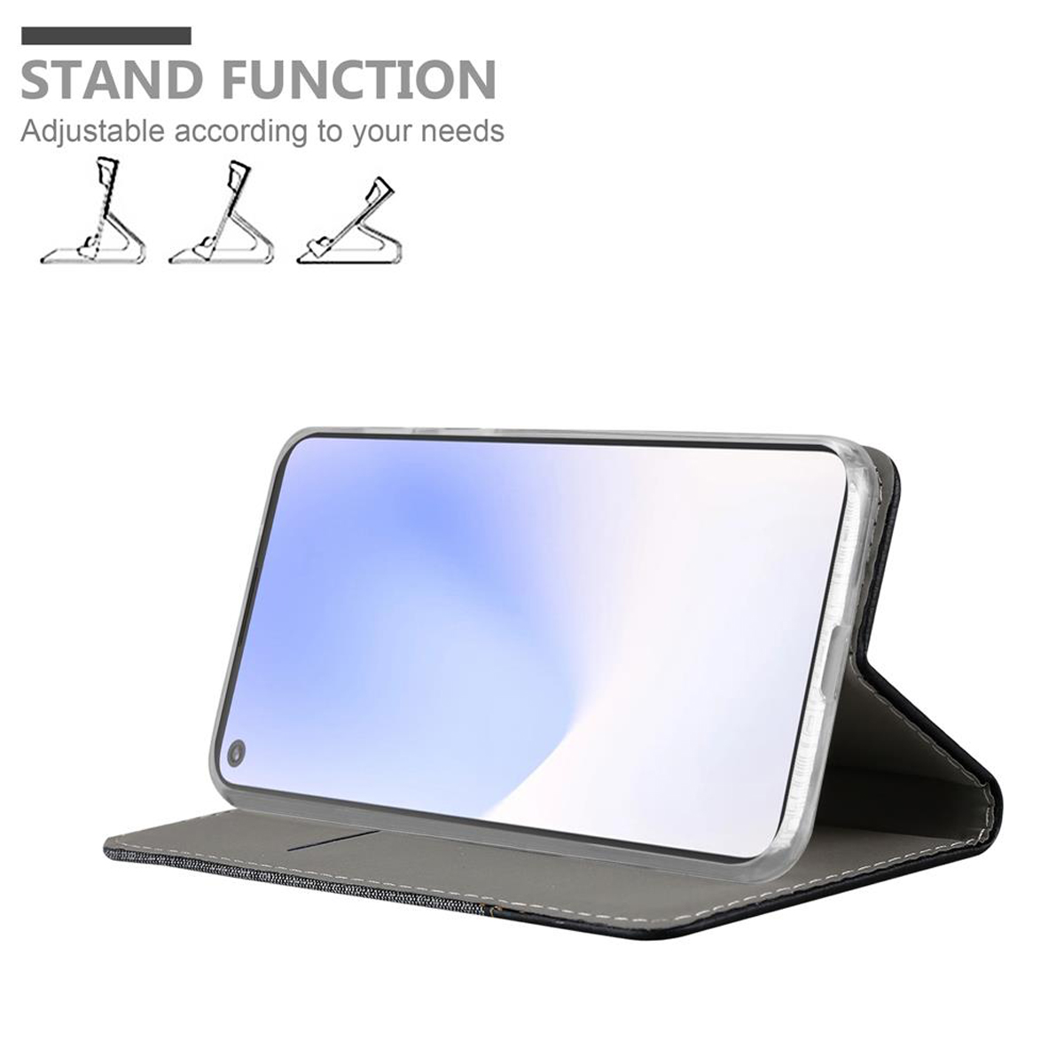 Teléfono en una funda con soporte. La funda con soporte es negra y la pantalla visible.