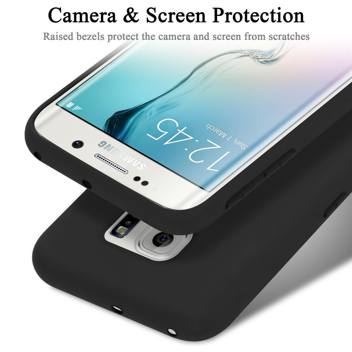 Custodia nera per telefono, che mostra la protezione dello schermo e della fotocamera. Il telefono mostra l'ora.