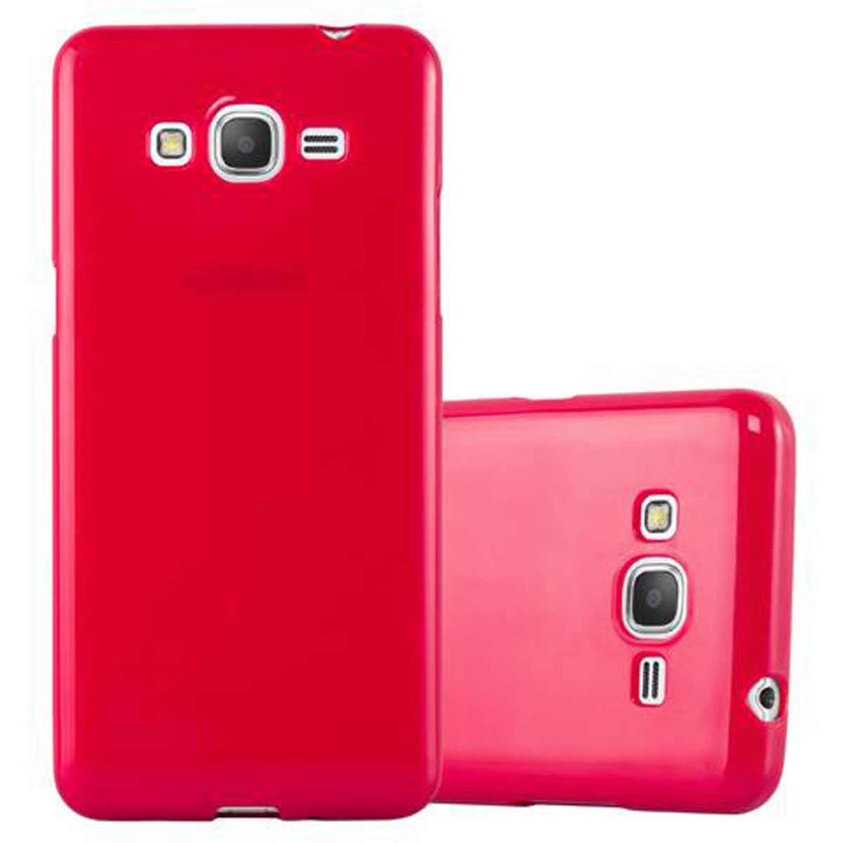Dos fundas rojas para teléfono. Una funda está en el teléfono, la otra está separada.