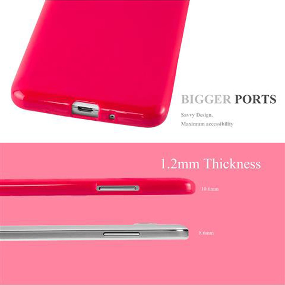 Una funda de teléfono roja que destaca sus puertos y grosor, mostrando un diseño inteligente.