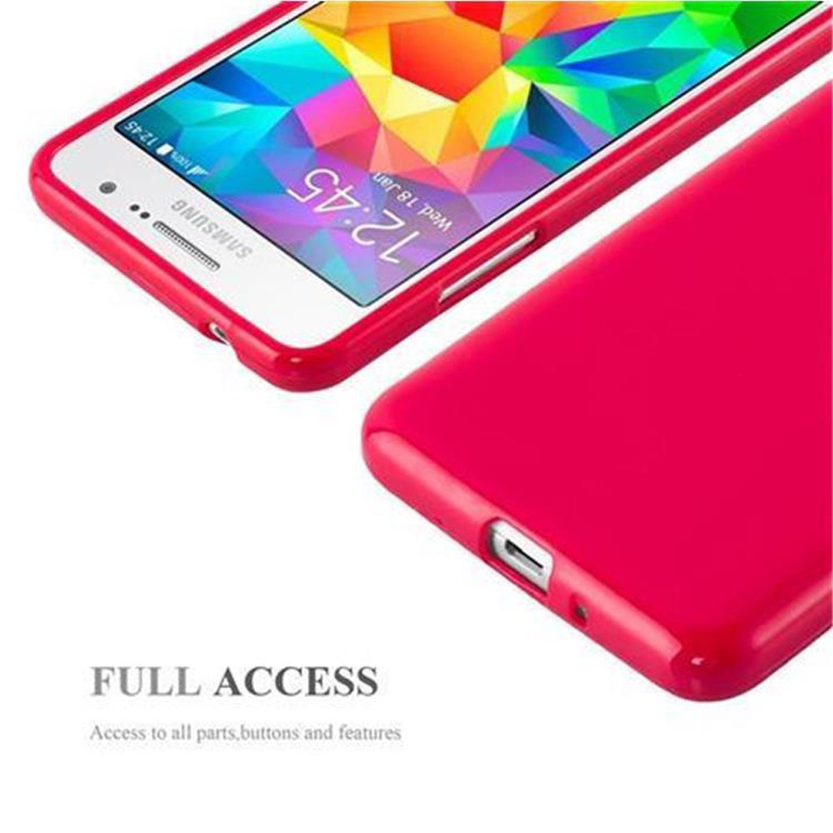 Primer plano de una funda de teléfono roja con un teléfono que muestra la hora. La funda tiene un marco rojo y está sobre fondo blanco.