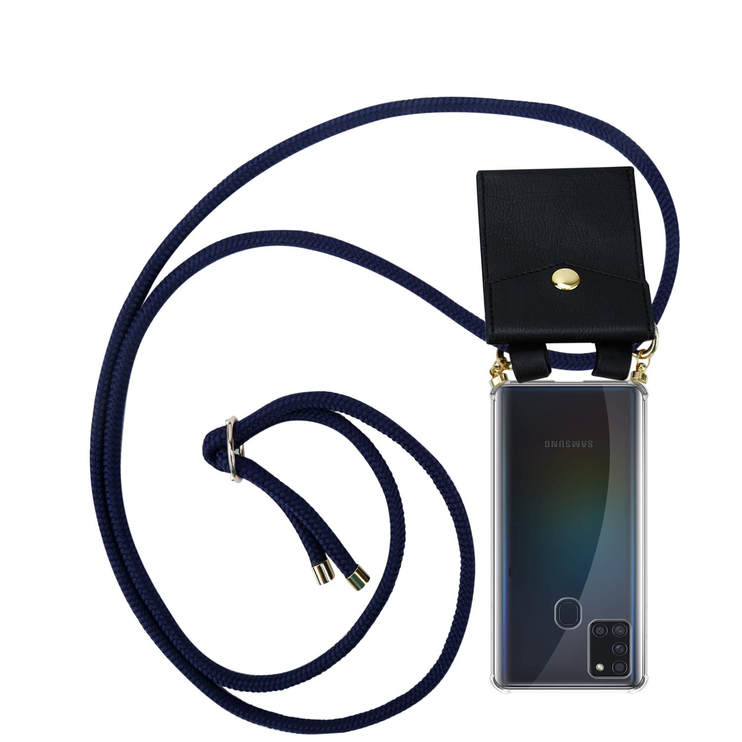 CADORABO Handy Kette und TIEF Gold Galaxy Backcover, Ringen, Hülle, BLAU mit Kordel A21s, abnehmbarer Band Samsung