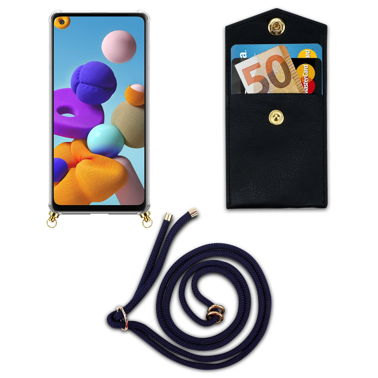 Telefono con custodia e cinturino. È visibile anche un portafoglio con carte.