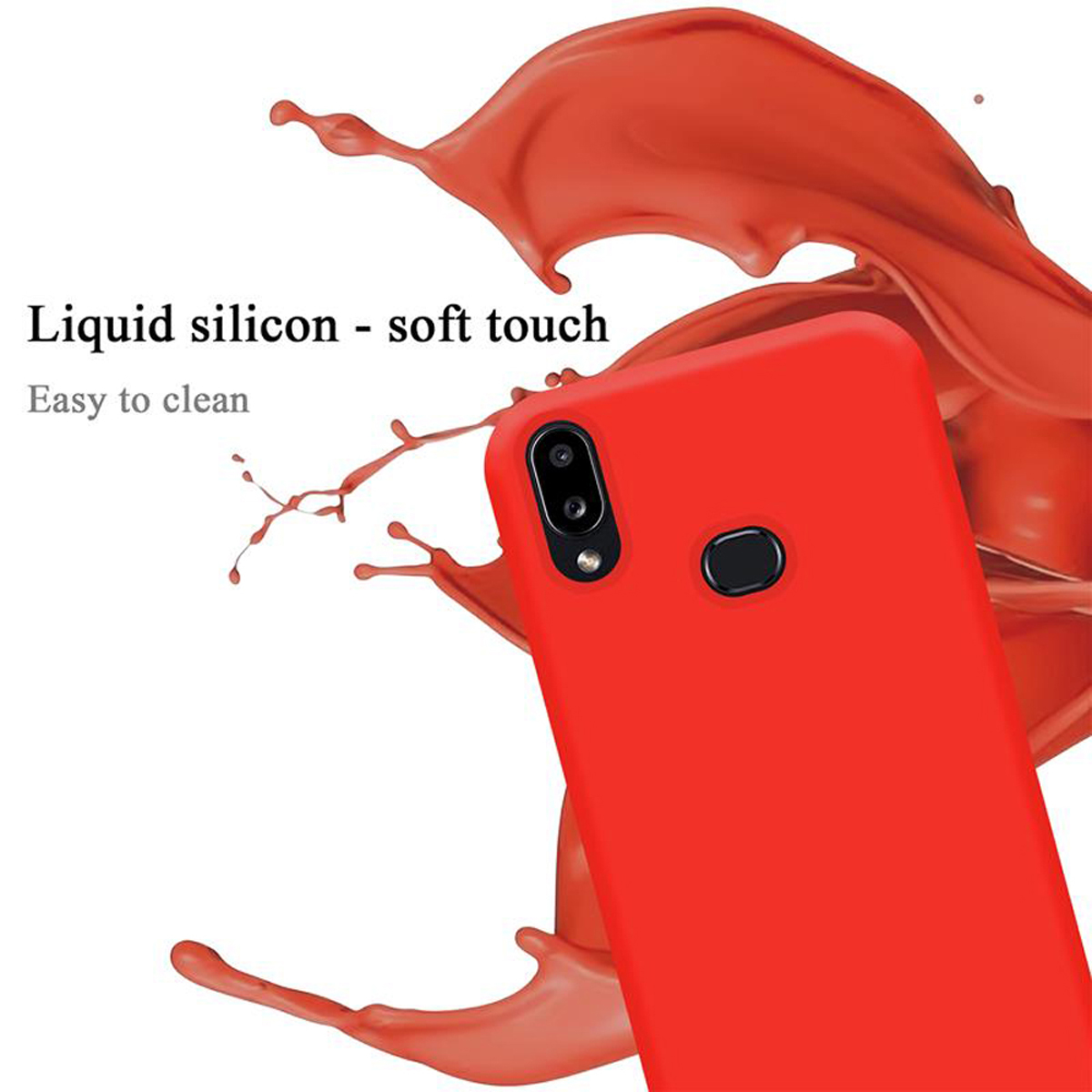 Eine rote Handyhülle mit einem Telefon darin. Ein roter Spritzer ist im Hintergrund.