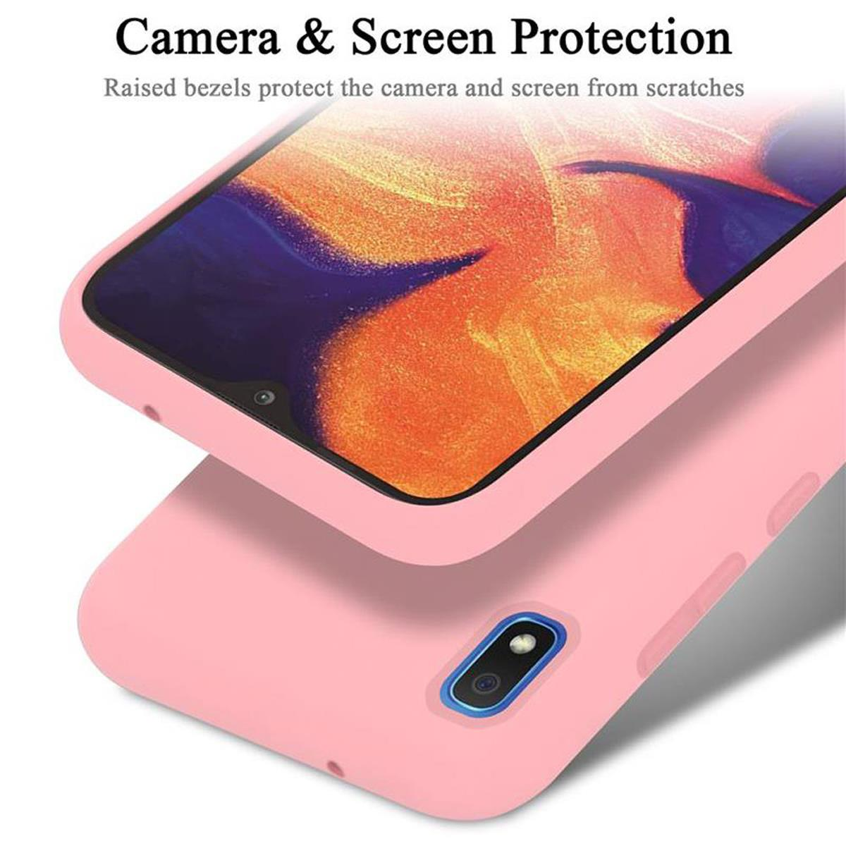 Rosa Handyhülle mit Telefon. Der Hintergrund ist weiß mit Text über Kamera- und Bildschirmschutz.