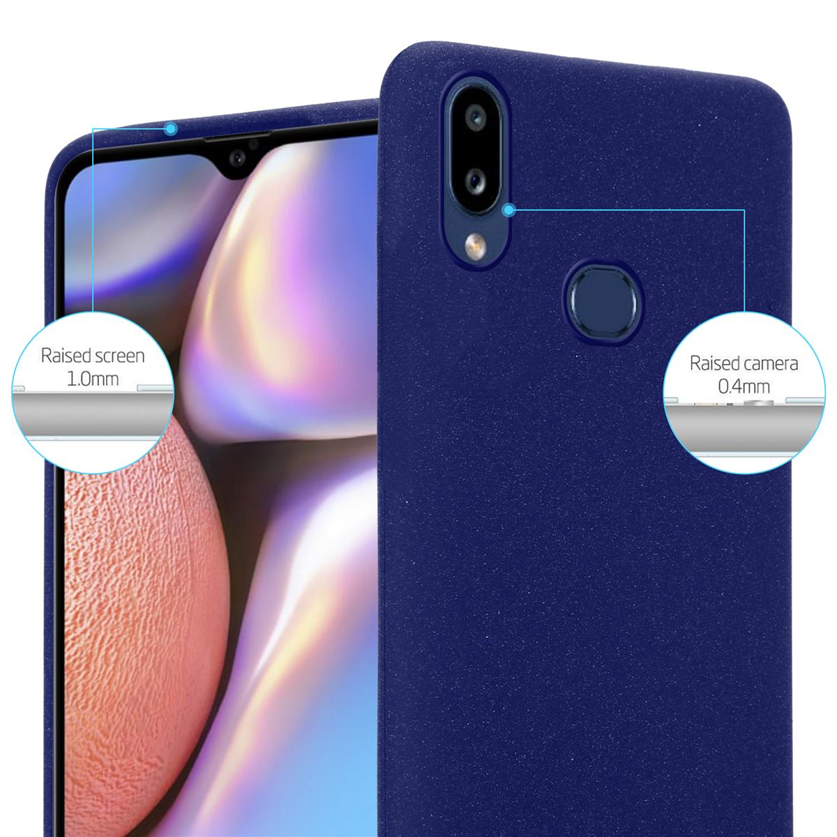 Custodia per telefono blu. La custodia ha protezione schermo e fotocamera rialzata. Il testo dice schermo/fotocamera rialzato.