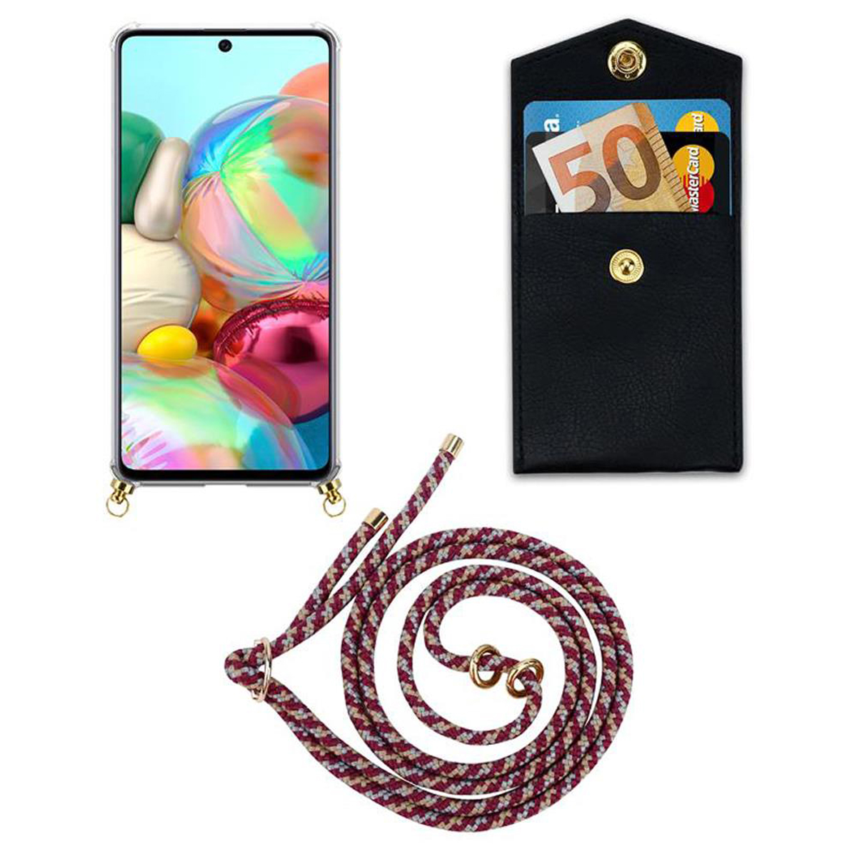 CADORABO A51 Handy Hülle, Samsung, Gold mit WEIß ROT abnehmbarer Ringen, Backcover, und 5G, Kette Galaxy GELB Kordel Band