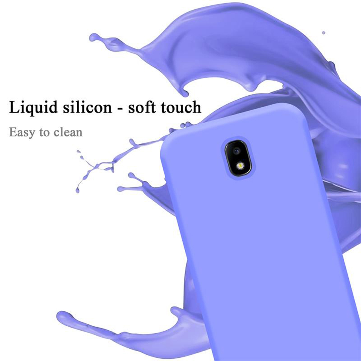 Handyhülle, blau. Das Telefon befindet sich in der Hülle, mit einem Spritzer lila Flüssigkeit.