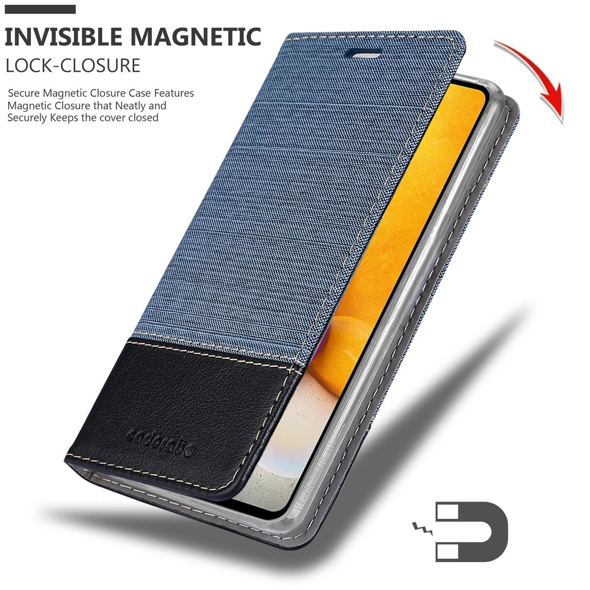 Una custodia per telefono con parte superiore in denim e parte inferiore nera aperta. Chiusura magnetica mostrata.