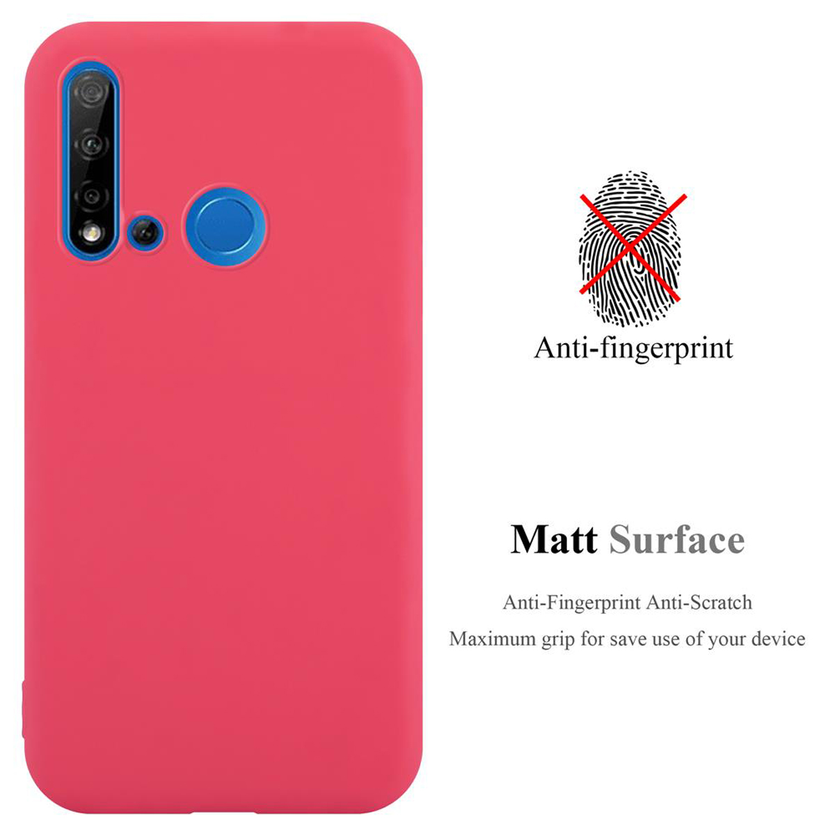 Custodia rosa per telefono. La custodia ha una superficie opaca ed è anti-impronta. Simbolo dell'impronta digitale rosso sbarrato.