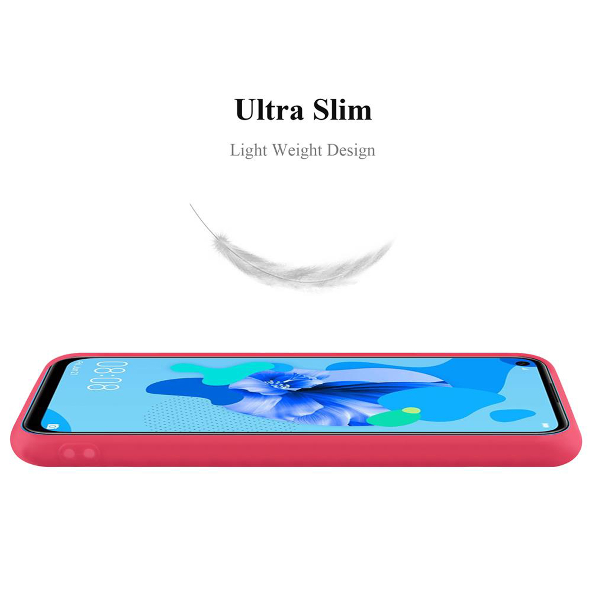 Vista laterale di un telefono rosso con custodia. Il testo 'Ultra Slim' e una piuma sono mostrati sopra.