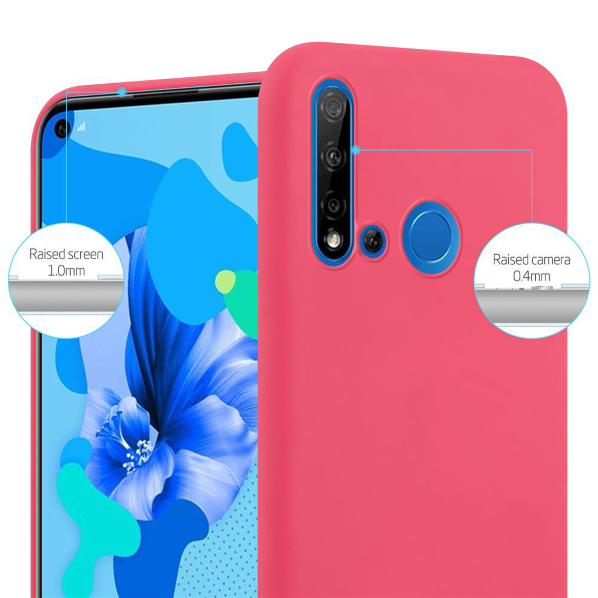 Custodia rosa su un telefono, evidenziando le funzioni di schermo e fotocamera rialzate.