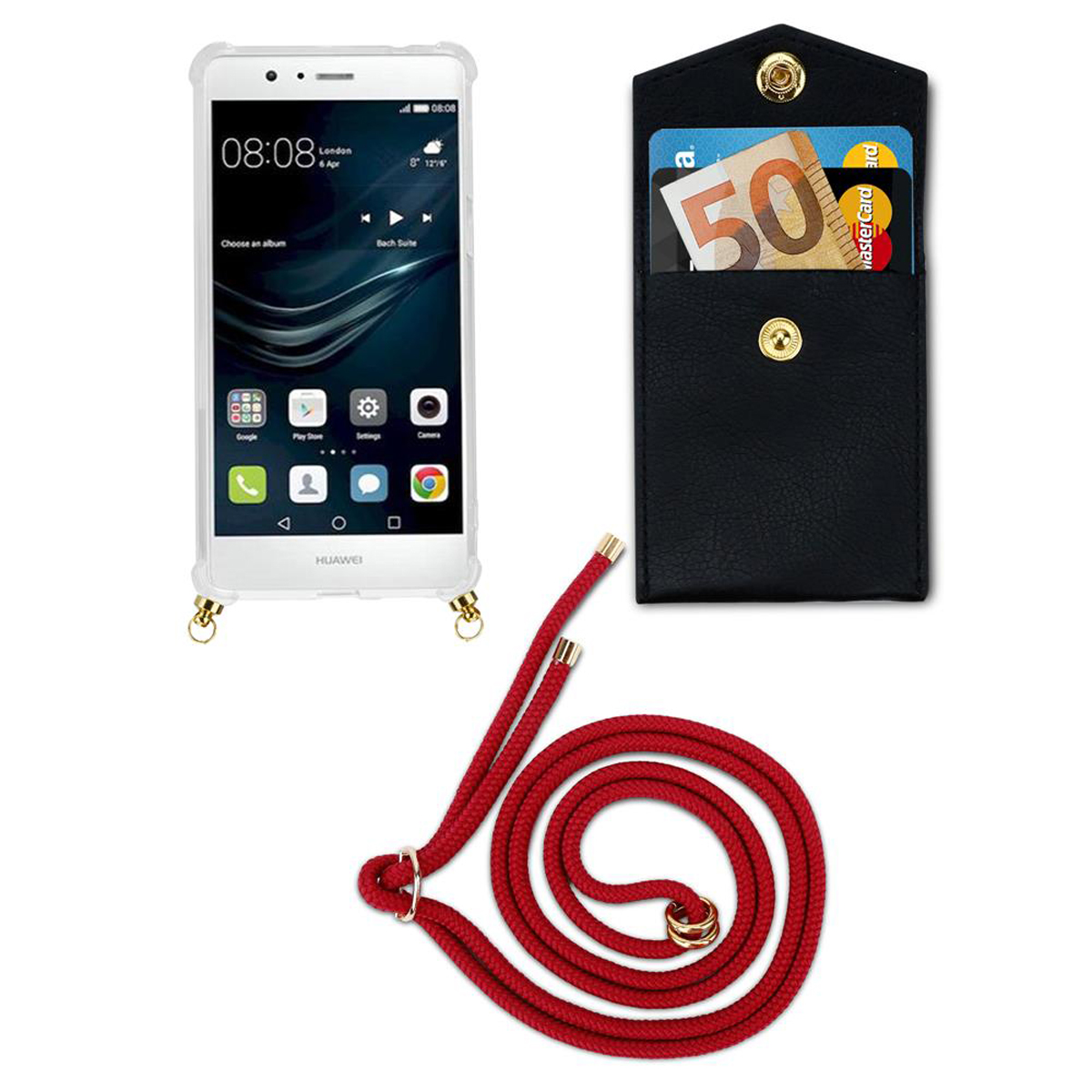 Telefon mit durchsichtiger Hülle, schwarzem Lederetui mit Karten und roter Kordel.