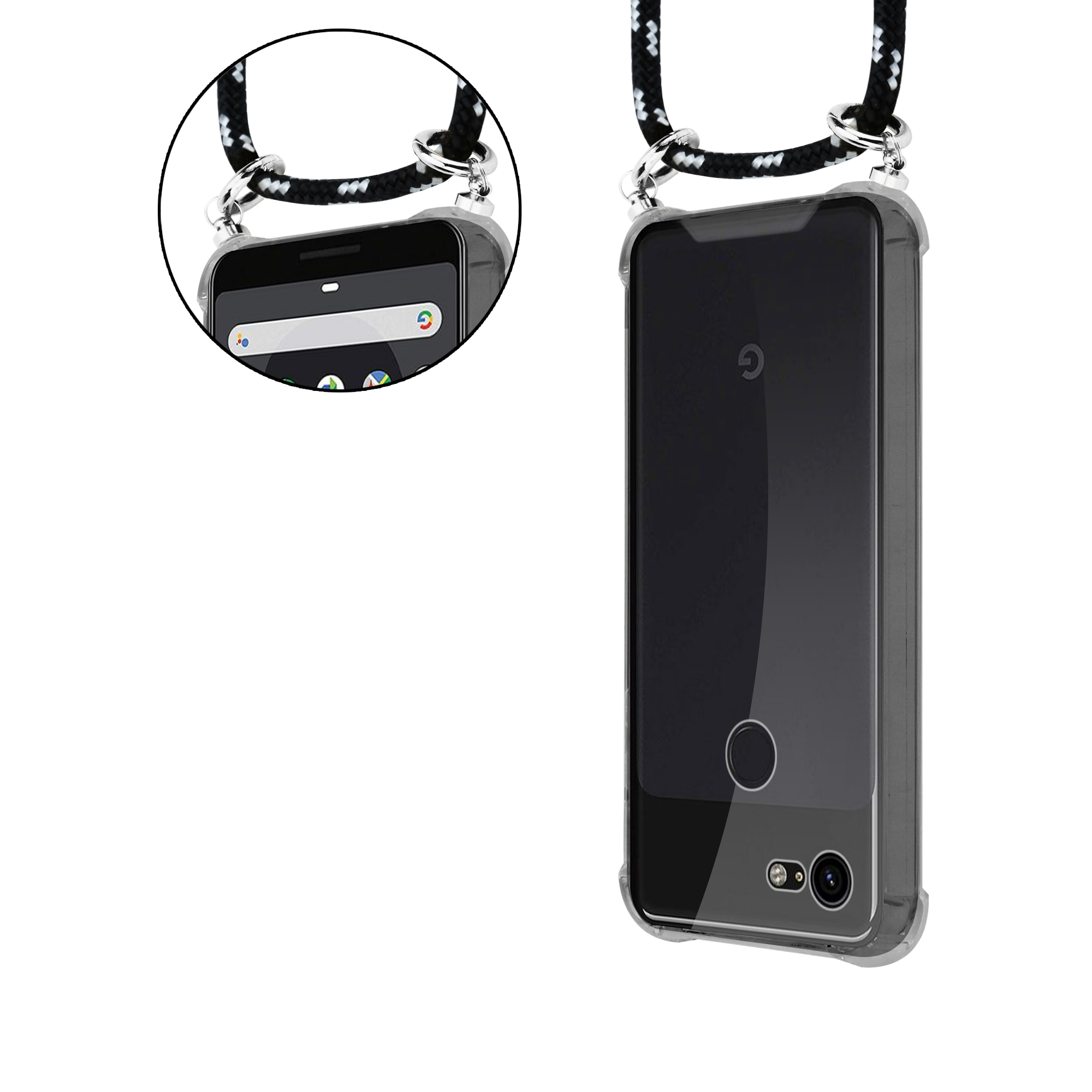 Eine transparente Handyhülle mit einem schwarz-weißen Schlüsselband. Der Telefonbildschirm ist schwarz mit einem weißen 'G'.