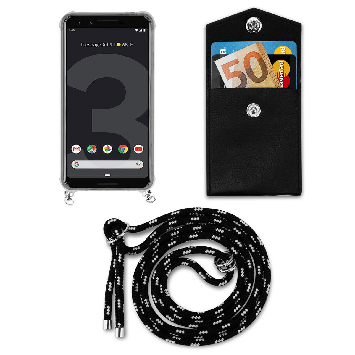 Telefon mit Lanyard, schwarze Hülle mit Karte und schwarz-weißem Seil auf weißem Grund.
